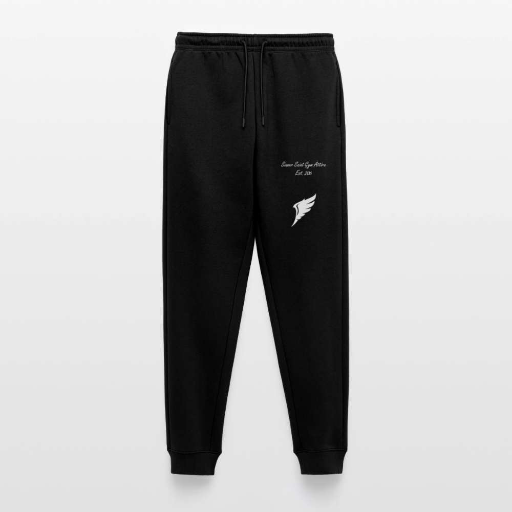 Sinner Saint Ascent - Ekologiska joggers - svarta med ett stort vingtryck och en text där det står "Sinner Saint Gym Attire Est. 2026"