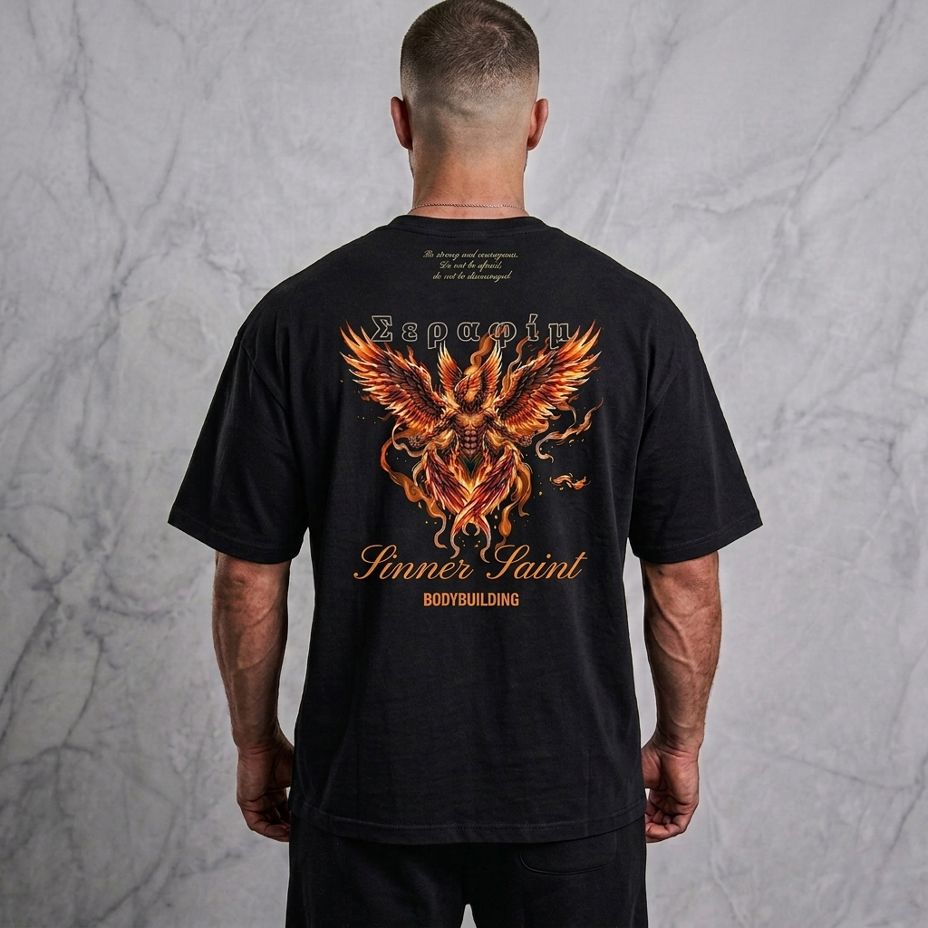 En man i en lyxig fotostudio med en svart oversized dam och herr t-shirt för bodybuilding med ett stort tryck av en brinnande Serafim ängel fenix på ryggen och texten Sinner Saint Bodybuilding