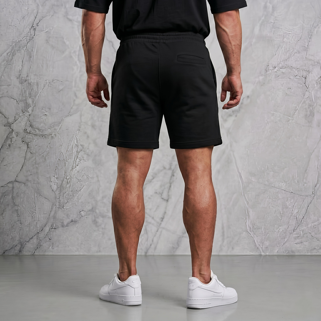 en man i en fotostudio i ett par svarta gymshorts med en bakfickabakifrån 