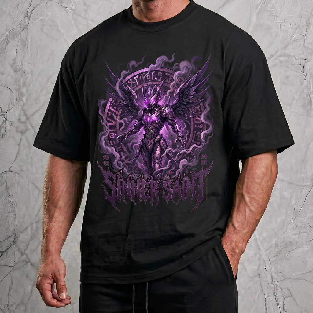 En man i en fotostudio som bär en svart boxy heavyweight oversized gymtshirt med ett stort lila kraftfullt tryck på bröstet