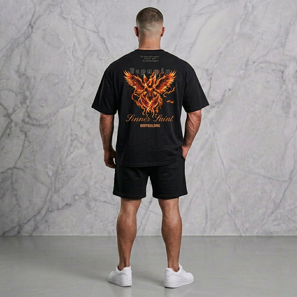 Man i en lyxig fotostudio som har på sig en Svart oversized dam och herr t-shirt för bodybuilding med ett stort tryck av en brinnande Serafim ängel fenix på ryggen och texten Sinner Saint Bodybuilding