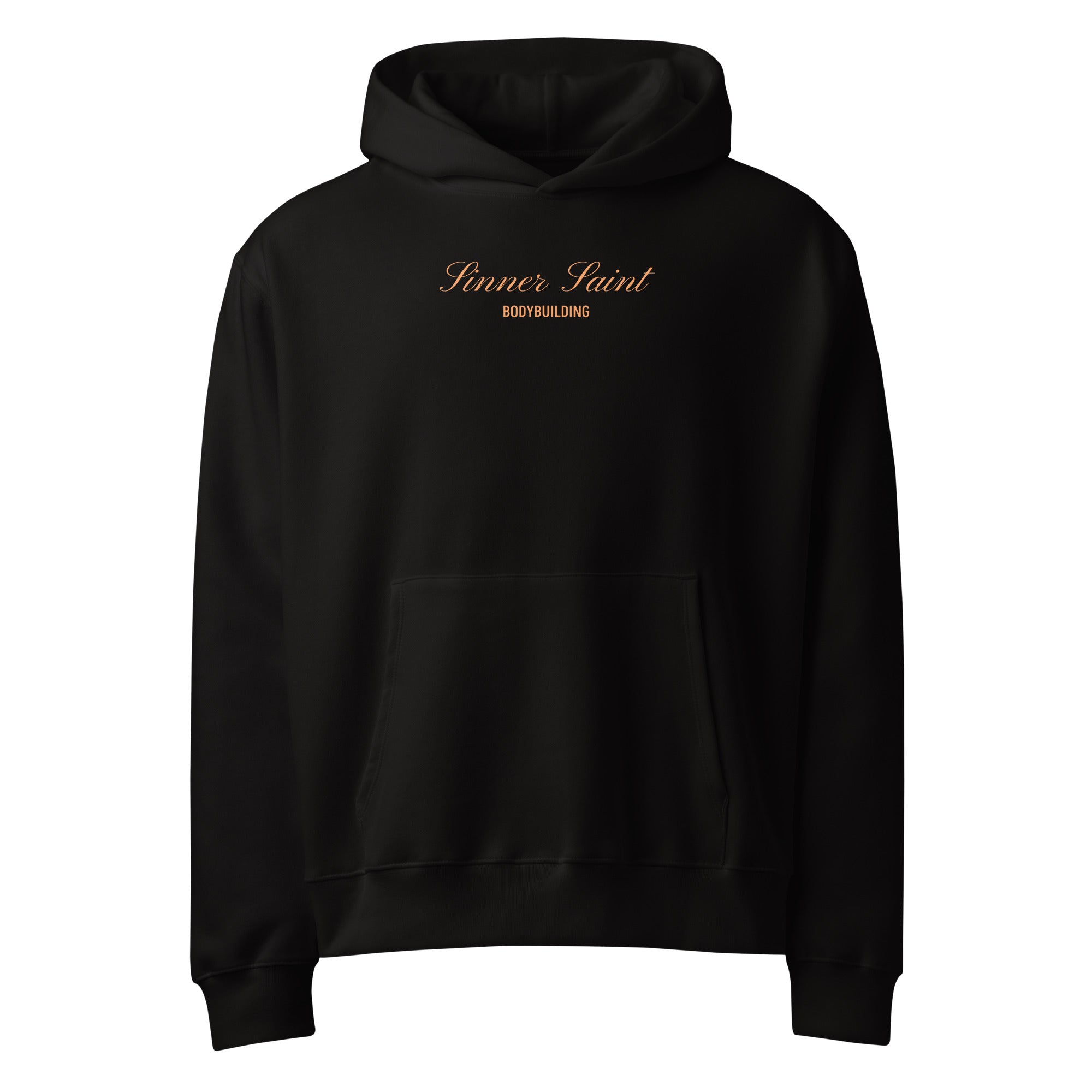 svart herr och dam oversized hoodie med framficka och huva med en orange text på bröstet där det står "Sinner Saint Bodybuilding".